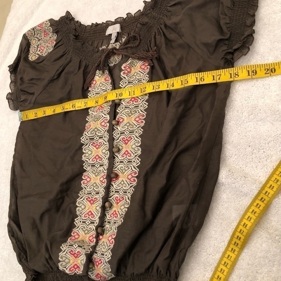 Joie Brown Embroidered Wooden Buttons Silk Blend Short Sleeve Blouse Top Small - Picture 12 of 16